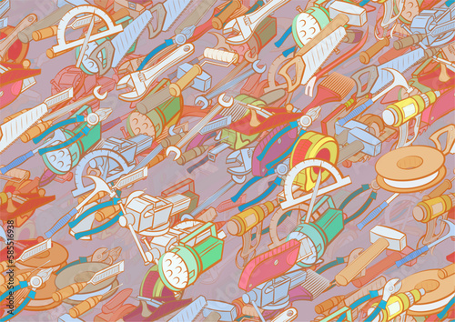 Background pattern abstract design texture. Seamless. Repair and Building tools. Theme is about sawing, segmented, wooden, roulette, folding, clogging, installation, paper cutter, building level