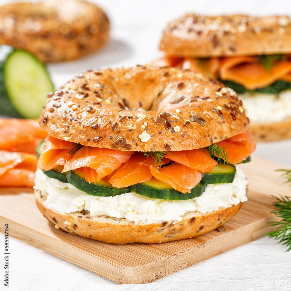 Bagel sandwich with salmon and cream cheese for breakfast square