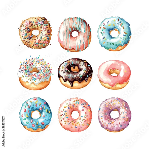 Collection of watercolor colorful donuts glazed.
