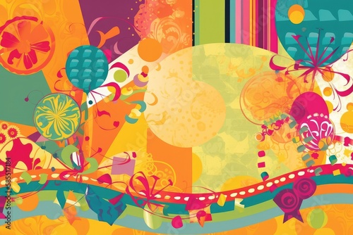 Birthday Scrapbook Scrapbooking Background with Balloons Presents Cake Confetti Streamers Vector Illustration	

