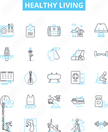 Healthy living vector line icons set. Nutrition, Exercise, Hydration, Sleep, Stress, Meditation, Immunity illustration outline concept symbols and signs