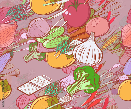 Background pattern abstract design texture. Seamless. Cutlery and Health food. Theme is about cabbage, tart, tomato, bitter, in the peel, protein, white, Caucasian, pods, vitamin C, heads