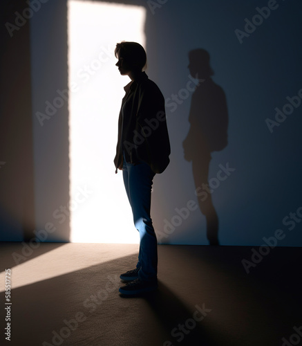 Silhouette of a guy in a dark room under the light, Generative ai