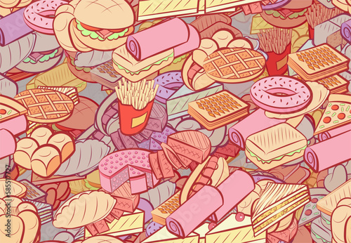 Background pattern abstract design texture. Seamless. Bakery products and American food. Theme is about baklava, slice, strudel, braid, pie, pancakes, sandwich, a sandwich, round, bread