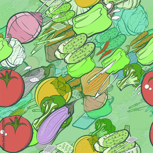 Background pattern abstract design texture. Seamless. Cutlery and Health food. Theme is about whole onion, vitamin C, meat fork, zucchini, cooking, washed, kitchen knife, tart, red cabbage