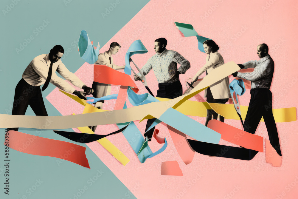 Fototapeta premium An abstract group of people working together to untangle a rope problem. Generative ai