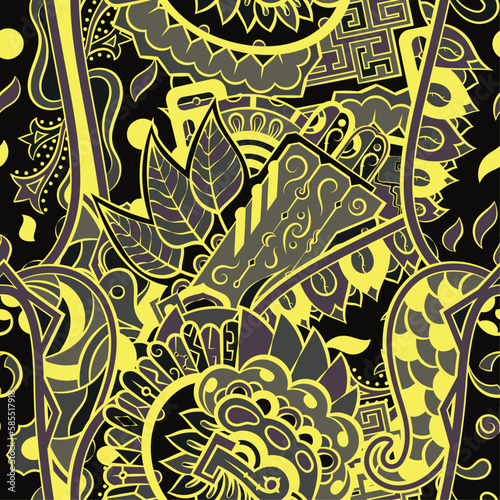 Tracery seamless pattern. Mehndi design. Dark sharp colors. 6 colors. Ethnic doodle texture. Curved doodling background. Vector