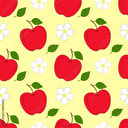 Seamless pattern of red apples and flowers. Background of fresh organic healthy fruits.