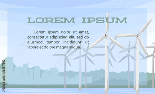 Wind power turbines banner. Ecology day and environment concept of green eco city with alternative energy. Windmills generators. Renewable wind power generation. Wind energy farm. Vector illustration