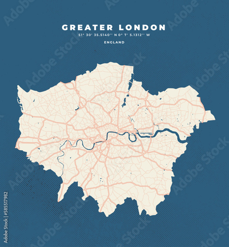 Greater London map vector poster flyer with illustrations of roads, lakes and rivers
