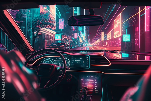 Urban road trip at night, city lights, neon colors. View from driver's seat. AI generated image
