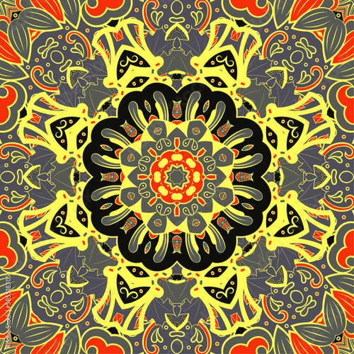 Seamless tile texture. Tracery mehndi design image. Dark toxic colors. Ethnic doodle art. Curved doodling picture. Vector