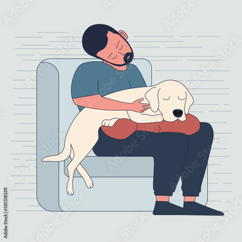 Dog sleeping with the owner on sofa flat vector illustration