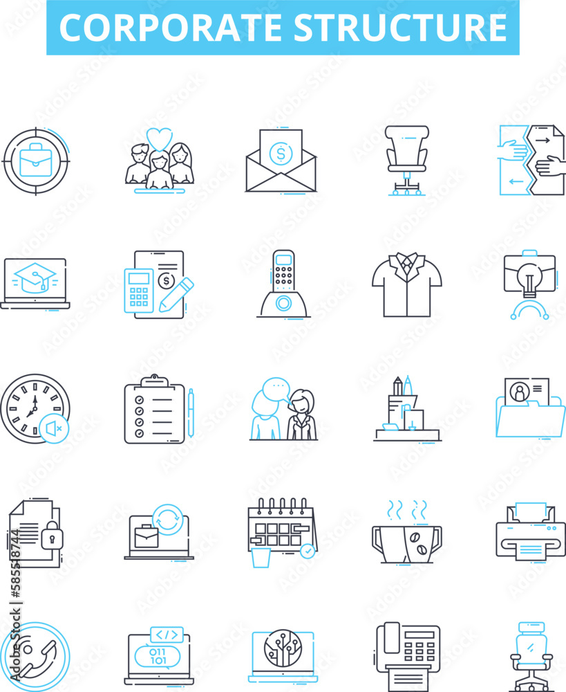 Corporate structure vector line icons set. Organisation, Hierarchy, Network, Framework, Corporate, Division, Reporting illustration outline concept symbols and signs