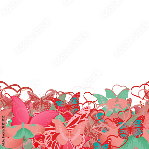 Background pattern abstract design texture. Horizontal seamless stripe. Border frame, transparent background. Theme is about Red Admiral, decoration, wing, tropical, fly, Butterfly, hearts