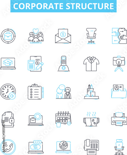 Corporate structure vector line icons set. Organisation, Hierarchy, Network, Framework, Corporate, Division, Reporting illustration outline concept symbols and signs