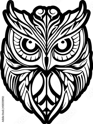 ﻿A black and white owl tattoo sporting a Polynesian theme.