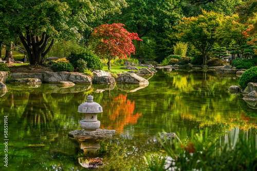 pond  and nature with   refelctions in water in the Japanese garden in the Botanical Garden  (Planten and Blomen)  in Hamburg photo