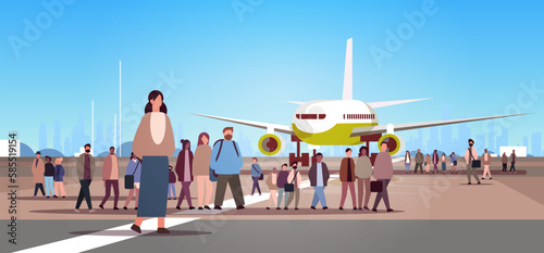 multiethnic people group standing near airplane mix race men women crowd at airport terminal cityscape background