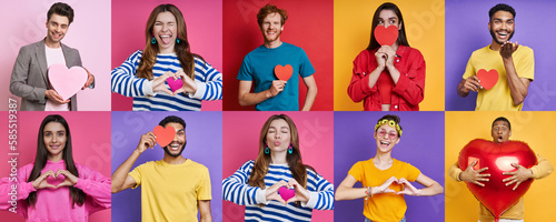 Collage of happy young people holding heart shapes while standing on colorful backgrounds