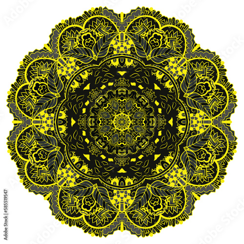 Mandala. Tracery wheel image. Mehndi design. Dark toxic colors. Ethnic doodle art. Curved doodling picture. Vector