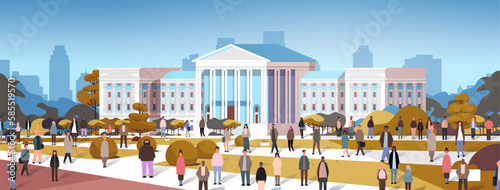 multiethnic people group standing near governmental building mix race men women crowd walking outdoor