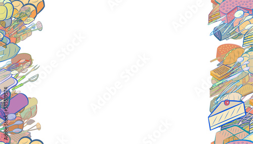 Background pattern abstract design texture. Bakery products and Cutlery. Vertical seamless stripes. Border frame, transparent background. Theme is about waffles, grater, spoon, sennit, holes