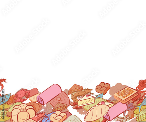 Background pattern abstract design texture. Bakery products and Seafood. Horizontal seamless stripe. Border frame, transparent background. Theme is about two-layer, dissected, yummy, cherry