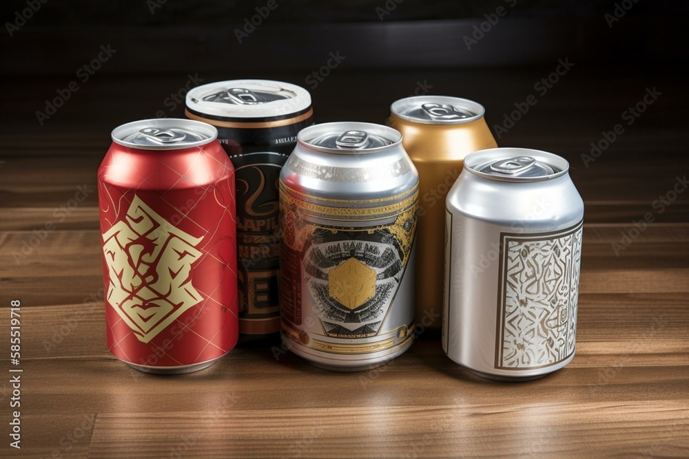 Beer bottles and aluminum cans with three different labels. Generative AI Beer bottles and aluminum cans with three different labels. Generative AI