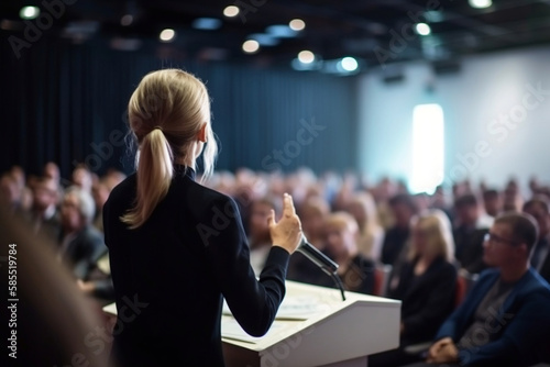 Speaker giving a presentation in the hall at university workshop. Audience or conference hall. Rear view of unrecognized participants in the audience. Scientific conference event. Generative AI