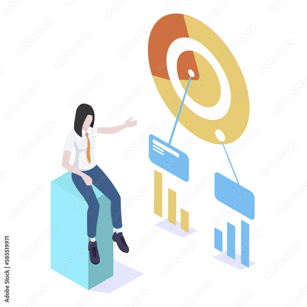 Woman analyst reporting data information results of the business. Market indicators in the diagram, bar icons displayed on isolated dashboard. Infographic of success management. Vector illustration