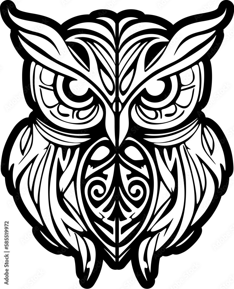 ﻿Tattoo of a black and white owl adorned with Polynesian patterns.