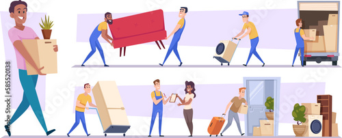 House moving. Delivery and loaders workers family relocation and moving exact vector cartoon templates