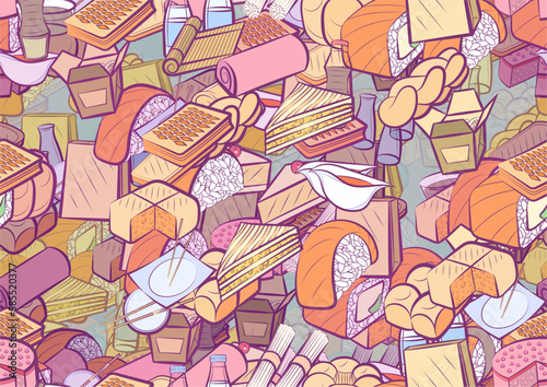 Background pattern abstract design texture. Seamless. Bakery products and Japanese food. Theme is about chopsticks, sushi, lush, slice, kyusu, a stack, cut, bamboo mat, round, food delivery