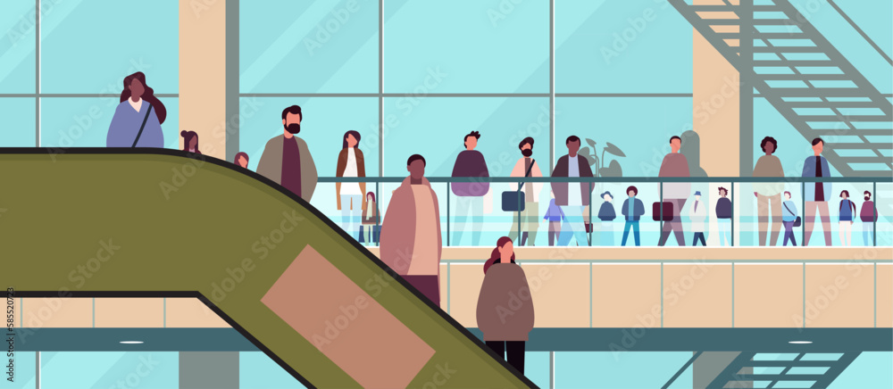 multiethnic people group mix race men women crowd in modern business center or shopping mall horizontal