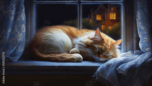 Ai Generated,  a cat sleeping peacefully by the window at night. It`s a relaxing scene. © amna artist