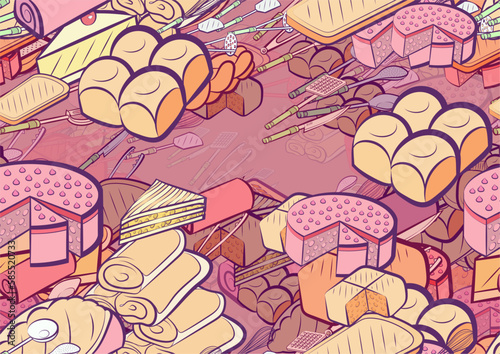 Background pattern abstract design texture. Seamless. Bakery products and Cutlery. Theme is about biscuit, spicy, waffles, round, molded, scooped, braid, knife, cake, spoon, saturated with filling
