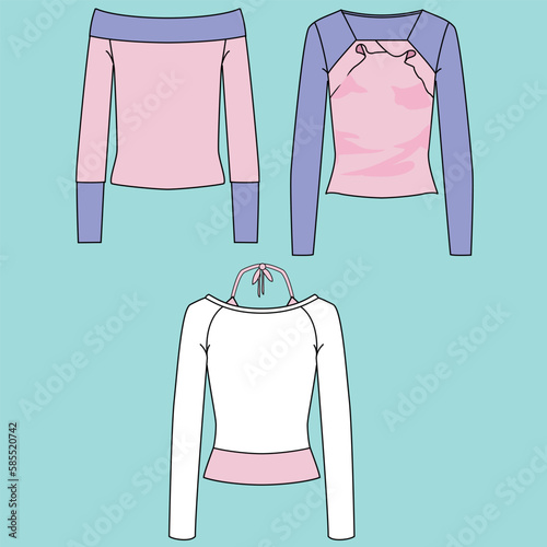 Vector CAD crop top fashion, women's short sleeve t-shirt technical shirt, slim fit with open back blouse template, sketch, flat. Jersey fabric upper with front, rear view, white