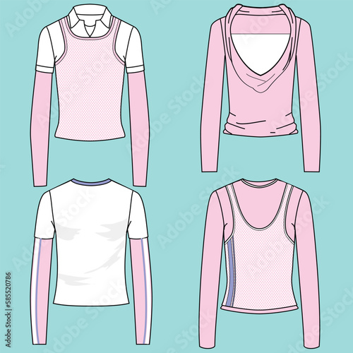 Vector CAD crop top fashion, women's short sleeve t-shirt technical shirt, slim fit with open back blouse template, sketch, flat. Jersey fabric upper with front, rear view, white