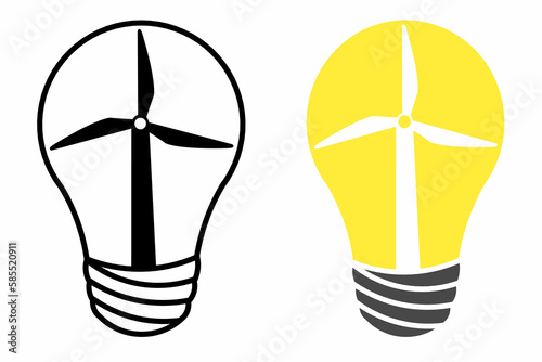 Renewable energy concept vector flat illustration. Windmills wind turbines and green trees inside of light bulb.