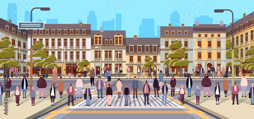 multiethnic people group walking outdoor mix race men women citizens crowd going along city street cityscape background