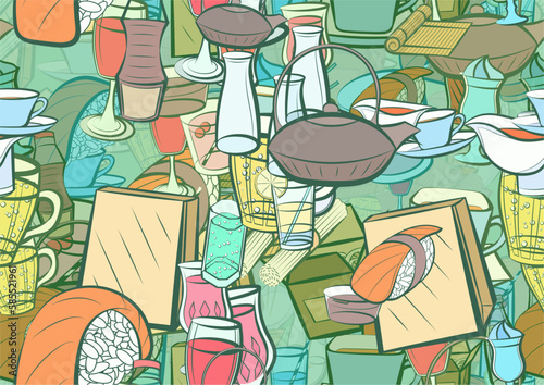 Background pattern abstract design texture. Seamless. Japanese food and Drinks. Theme is about , water bottles, sauce cup, citrus, sushi salmon, bottle, bubbles, plastic, soba, lemon, Cup