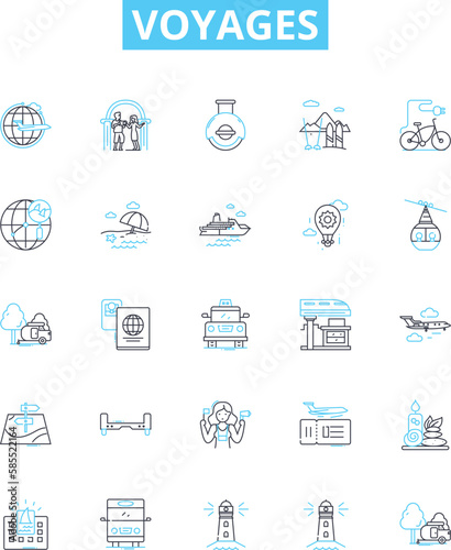 Voyages vector line icons set. Tours, Trips, Cruises, Journeys, Tours, Excursions, Adventures illustration outline concept symbols and signs