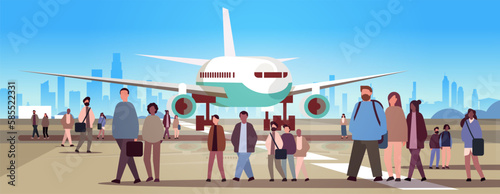 multiethnic people group standing near airplane mix race men women crowd at airport terminal cityscape background