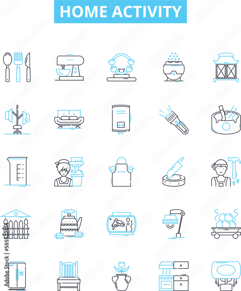Home activity vector line icons set. Cleaning, Cooking, DIY, Gardening, Painting, Gaming, Exercising illustration outline concept symbols and signs Home activity vector line icons set. Cleaning, Cooking, DIY, Gardening, Painting, Gaming, Exercising illustration outline concept symbols and signs