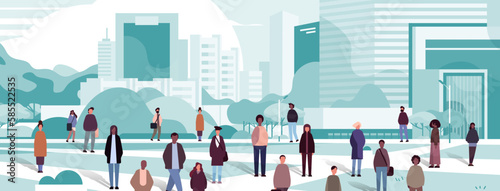 multiethnic people group walking outdoor mix race men women citizens crowd going along city street cityscape background
