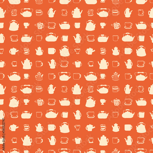 Monochrome teapot, cups and mugs silhouette seamless pattern. Perfect print for kitchen towel, dishcloth, stationery, textile and fabric. Doodle illustration for decor and design.