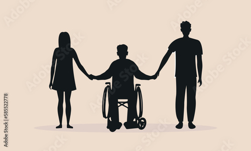 Young couple holding hands with a disabled person. Silhouette vector illustration. Help and support for a disabled person. Boy and girl, love.