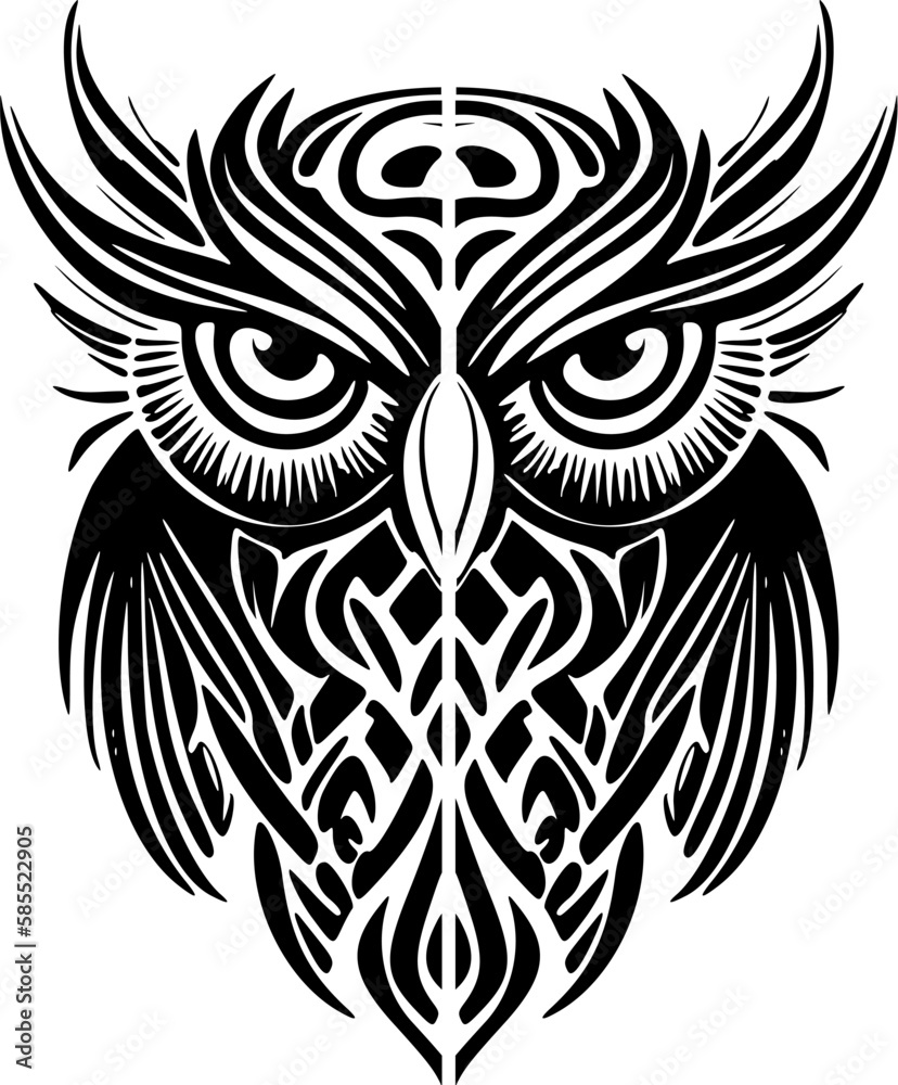 ﻿Owl tattoo with black and white motifs and Polynesian patterns.