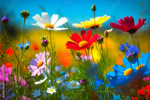 Beautiful wild meadow field with fresh grass and colorful flowers in nature against a blue sky.
